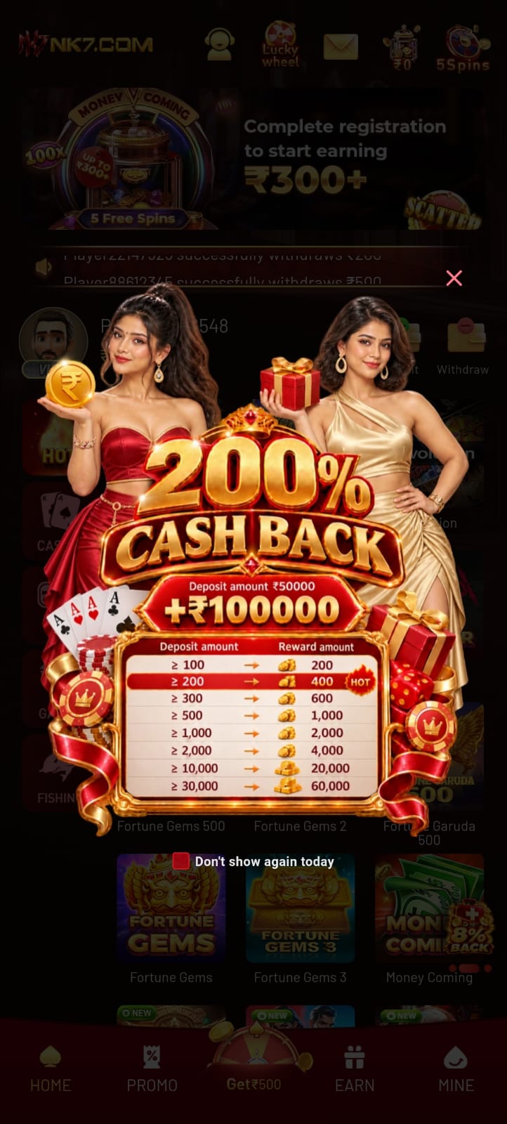 NK7 Game cashback offer banner featuring 200% cashback text, gift boxes, playing cards, and a promotional reward table.