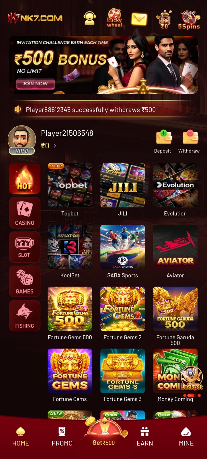 NK7 Game app interface showing casino games, slot games, sports games, bonus offers, and account options.
