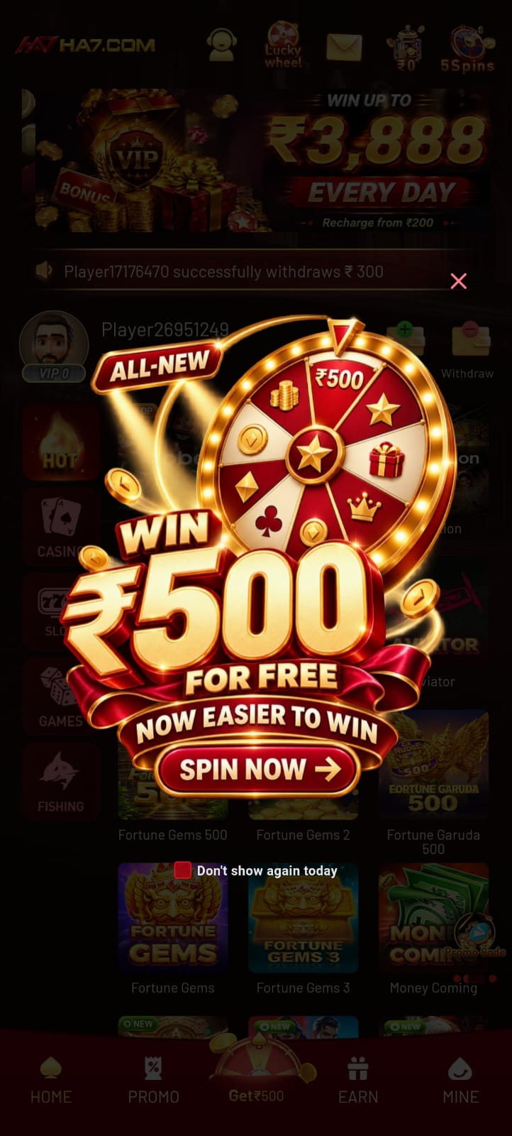 NK7 Game spin wheel promotional banner featuring a ₹500 free spin offer, golden prize wheel, coins, and red and gold graphics.